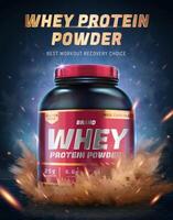 Whey protein powder ad poster. 3D Illustration of a whey protein jar with powder explosion effect. Bodybuilding food supplements product promo vector