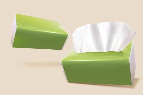 Tissue paper package mockup set in 3d illustration. Two packs of tissue paper, with one open isolated on light orange background.