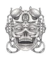 Cyberpunk skull tattoo design by hand drawing on paper. vector