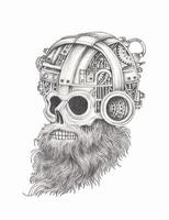 Cyberpunk skull tattoo design by hand drawing on paper. vector