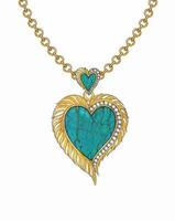 Jewelry design fancy heart set witn feather and turquoise gold pendant design by hand drawing on paper. vector