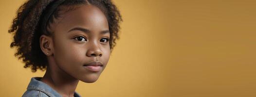 An African American Juvenile Girl Isolated On A Yellow Background With Copy Space. photo