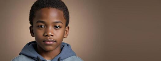 An African American Youngster Boy Isolated On A Hazel Background With Copy Space. photo