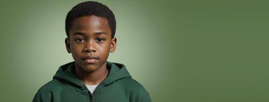 An African American Youngster Boy Isolated On A Green Background With Copy Space. photo