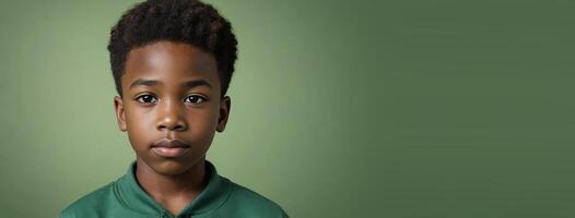 An African American Juvenile Boy Isolated On A Green Background With Copy Space. photo