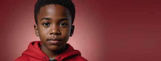 An African American Youngster Boy Isolated On A Red Background With Copy Space. photo