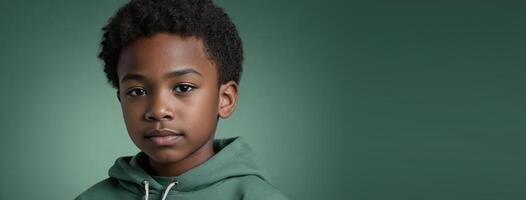An African American Juvenile Boy Isolated On A Jade Background With Copy Space. photo