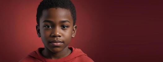 An African American Juvenile Boy Isolated On A Red Background With Copy Space. photo