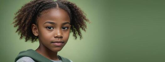 An African American Juvenile Girl Isolated On A Green Background With Copy Space. photo