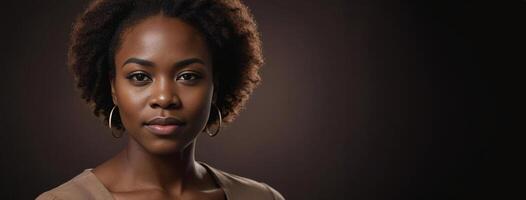 African American 2030 Woman Isolated On A Dark Brown Background With Copy Space. photo