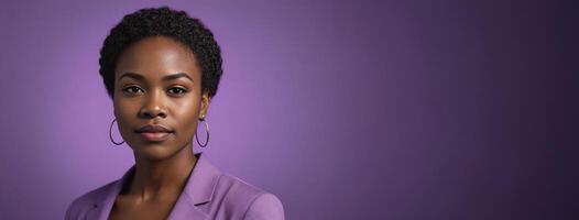 African American 2030 Woman Isolated On A Purple Background With Copy Space. photo