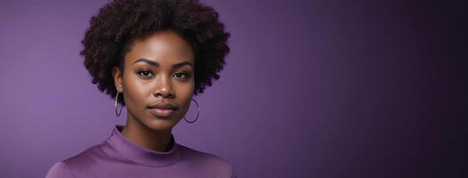 Attorney African American 2530 Years Woman Isolated On A Purple Background With Copy Space. photo