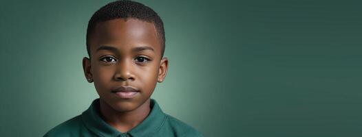 An African American Juvenile Boy Isolated On A Jade Background With Copy Space. photo