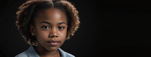 un africano americano juvenil niña aislado en un negro antecedentes con Copiar espacio. foto