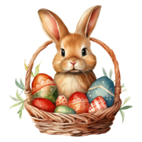 adorable Pâques lapin dans panier avec coloré des œufs png