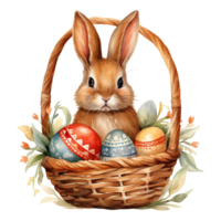 adorable Pascua de Resurrección conejito en cesta con vistoso huevos png