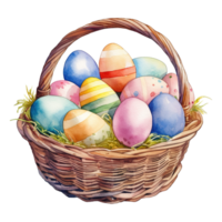 Watercolor Easter Baskets Overflowing with Colorful Eggs png