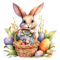 Easter Bunny in Basket with Colorful Eggs png