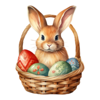 Adorable Easter Bunny in Basket with Colorful Eggs png