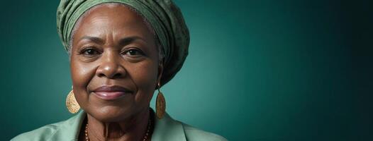 africano americano 70s mayor mujer aislado en un jade antecedentes con Copiar espacio. foto