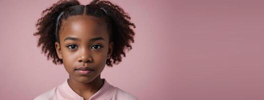 An African American Kin Girl Isolated On A Pink Background With Copy Space. photo