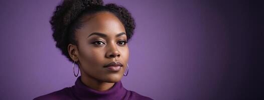 African American 3035 Woman Isolated On A Purple Background With Copy Space. photo