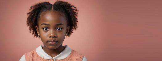 An African American Kinfolk Girl Isolated On A Coral Background With Copy Space. photo