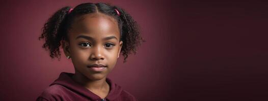 1012 Years African American Juvenile Girl Isolated On A Ruby Background With Copy Space. photo