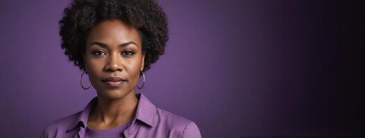 A 50S Adult African American Woman Isolated On A Purple Background With Copy Space. photo