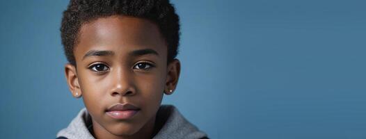 An African American Juvenile Boy Isolated On A Blue Background With Copy Space. photo