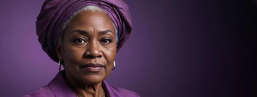 africano americano 70s mayor mujer aislado en un púrpura antecedentes con Copiar espacio. foto
