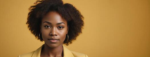 African American 2030 Woman Isolated On A Yellow Background With Copy Space. photo