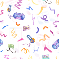 Boombox player, audio cassettes and headphones among multicolored scribble. Audio accessories for listening to music. Seamless pattern in 90s nostalgia style. Watercolor illustration png