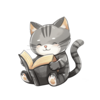 Cute cat reading book cartoon illustration png