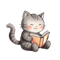 Cute happy cat reading book png