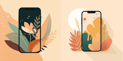 un ilustración de un teléfono con resumen plantas vector