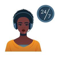 Call center operator avatar icon. Female office worker with headsets. Client assistance, hotline operator, consultant manager, customer support vector