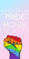 Gay Pride Month Banner background with multicolored fist for lgbtq pride month. LGBT concept. Rainbow colored hand with fist raised up. Gay Pride vector