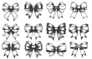 Vintage hand drawn Bowknots collection. Engraving of Ribbon bows set for hair accessories, gift, holidays, headband, decoration. illustration isolated on white background. vector
