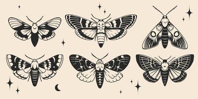 Butterfly and moth set in Y2k style aesthetic, wing shapes in front view, magic symbols collection. Monochrome vintage illustration for tattoo print card, poster design vector