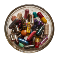 Colorful Wooden Bowl Filled with Tablets and Capsules png