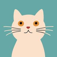 Freaky comic white cat on turquoise background. Hand drawn naive kitten vector