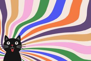 Groovy abstract rainbow swirl background with cute black cat. Retro design in 1960-1970s style. Vintage sunburst backdrop vector