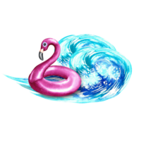 Sea wave with inflatable flamingo, blue, turquoise, isolated. Watercolor hand drawn illustration. Designed for flyers, banners, postcards. For invitations, posters, labels. png