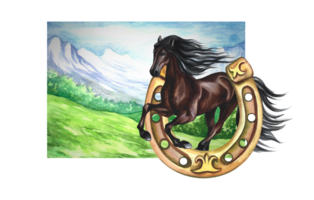 Running brown horse in the background of a mountain landscape. Hand watercolor. For printing, stickers and labels. png