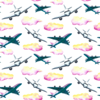 Seamless pattern with passenger planes and clouds. Watercolor hand drawn illustration. Designed for backgrounds, flyers, banners. For labels, packaging and textiles. png