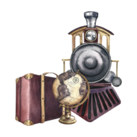 Traveling by train. A retro steam locomotive, a suitcase and a globe. Watercolor illustration made by hand in vintage style. For banners, flyers, posters. For prints, stickers, postcards and tickets. png