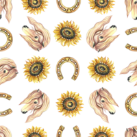 Seamless pattern with horse portrait, horseshoe and sunflower. Watercolor painted by hand. For printing, textiles png