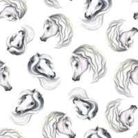 Seamless pattern with portraits of white horses. Handmade watercolor. For printing, textiles and labels. png