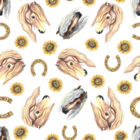 Seamless pattern with horse portrait, horseshoe and sunflower. Watercolor painted by hand. For printing, textiles png